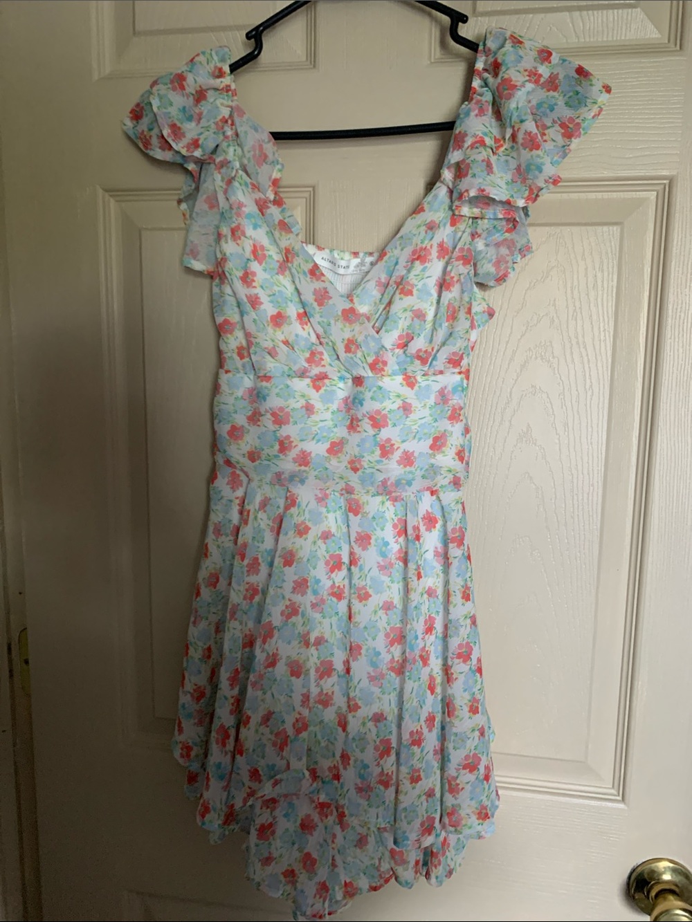 Altar'd State Light Blue Floral Ruffle Dress with Pink & Coral Accents